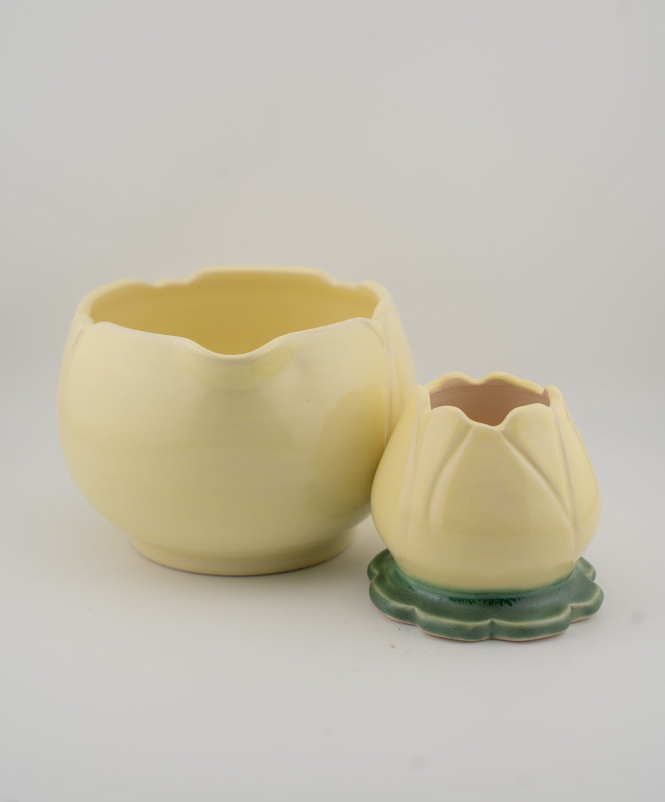 Two ceramic pots, one larger and one smaller, on a light gray background