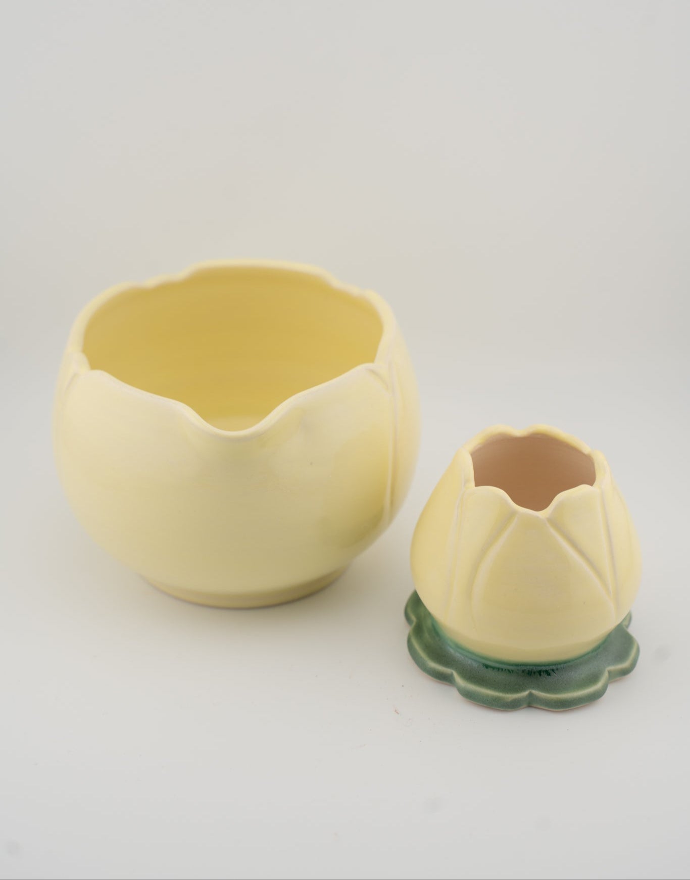 Two ceramic egg-shaped containers on a light gray background