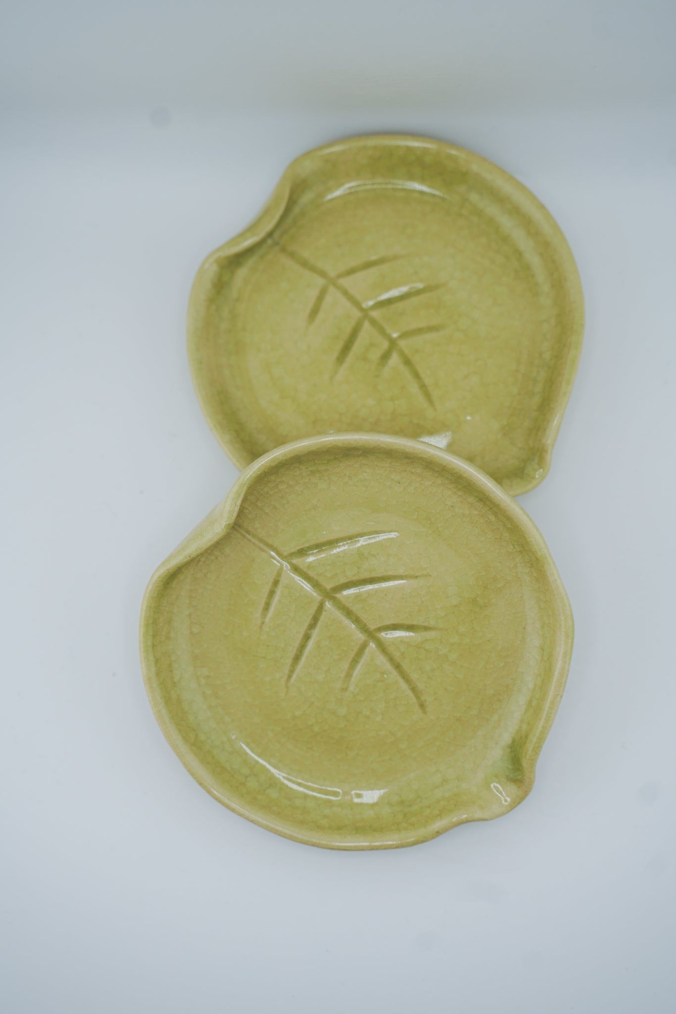 Two green ceramic plates with leaf design on a white background