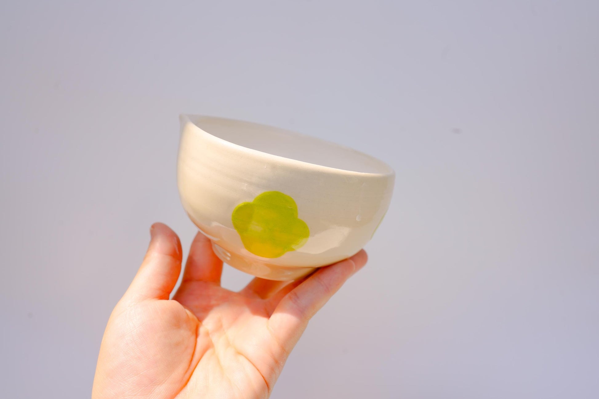 chartreuse/lime flower handpainted, handmade ceramics matcha bowl with spout #1, chawan, gift for matcha lover, birthday gift, kitchen decor