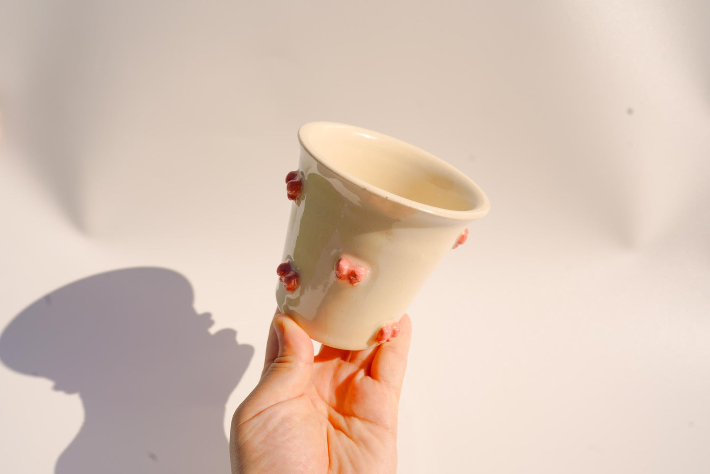 pink bow handmade cup (handcrafted ceramic and pottery drinkware/pen holder)