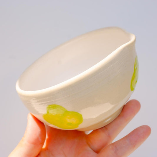 chartreuse/lime flower handpainted, handmade ceramics matcha bowl with spout #1, chawan, gift for matcha lover, birthday gift, kitchen decor