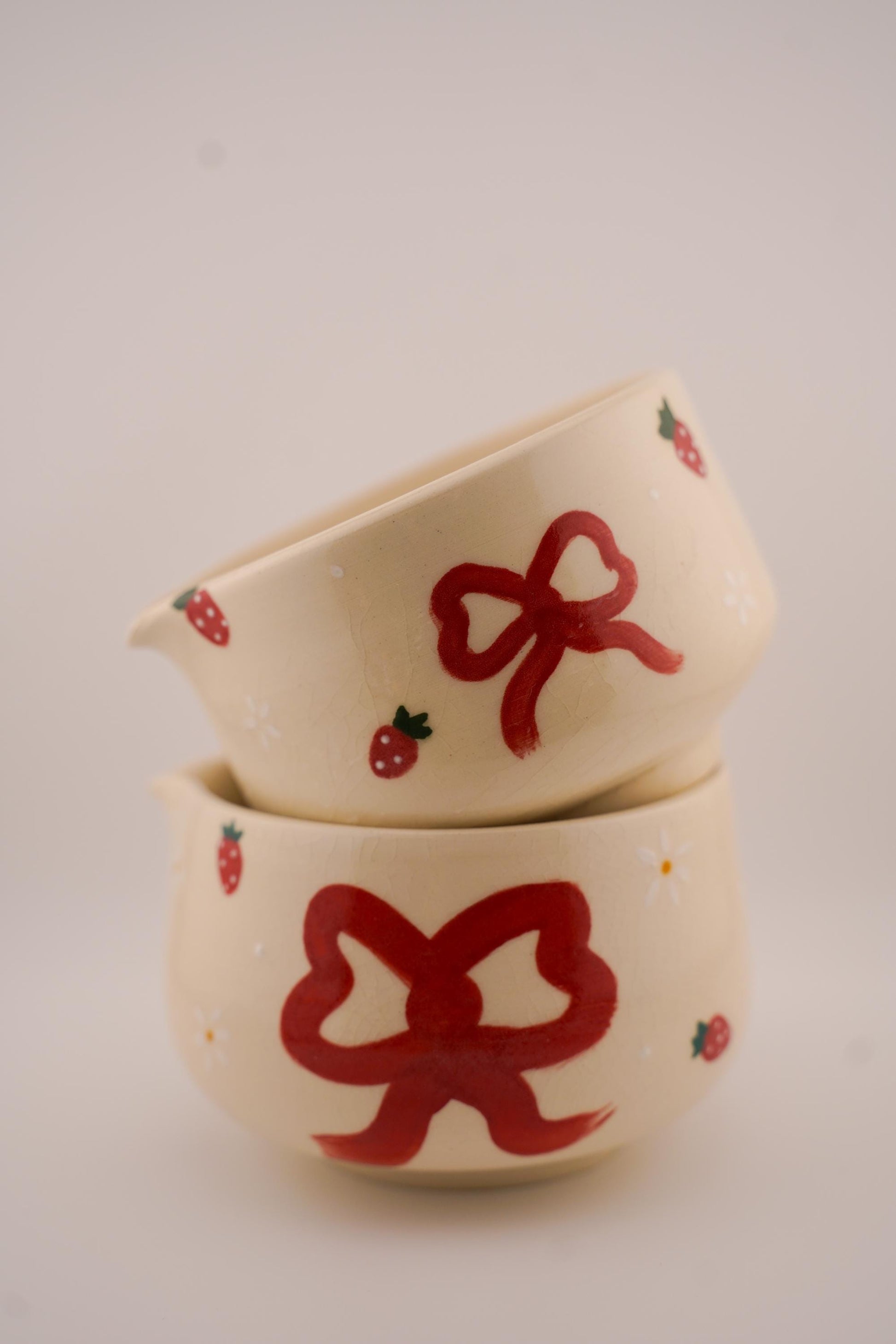 strawberry and bows matcha bowl with spout (handmade ceramics, handpainted, chawan, birthday gift)