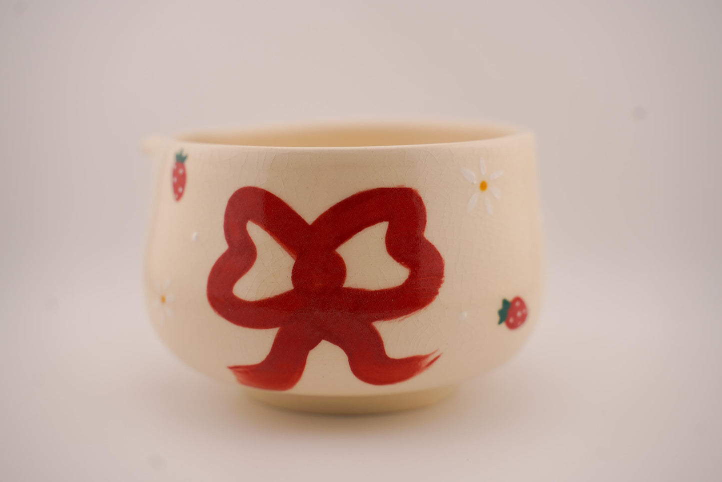 strawberry and bows matcha bowl with spout (handmade ceramics, handpainted, chawan, birthday gift)