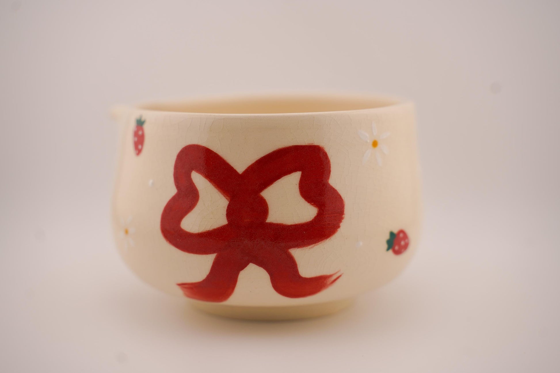 strawberry and bows matcha bowl with spout (handmade ceramics, handpainted, chawan, birthday gift)