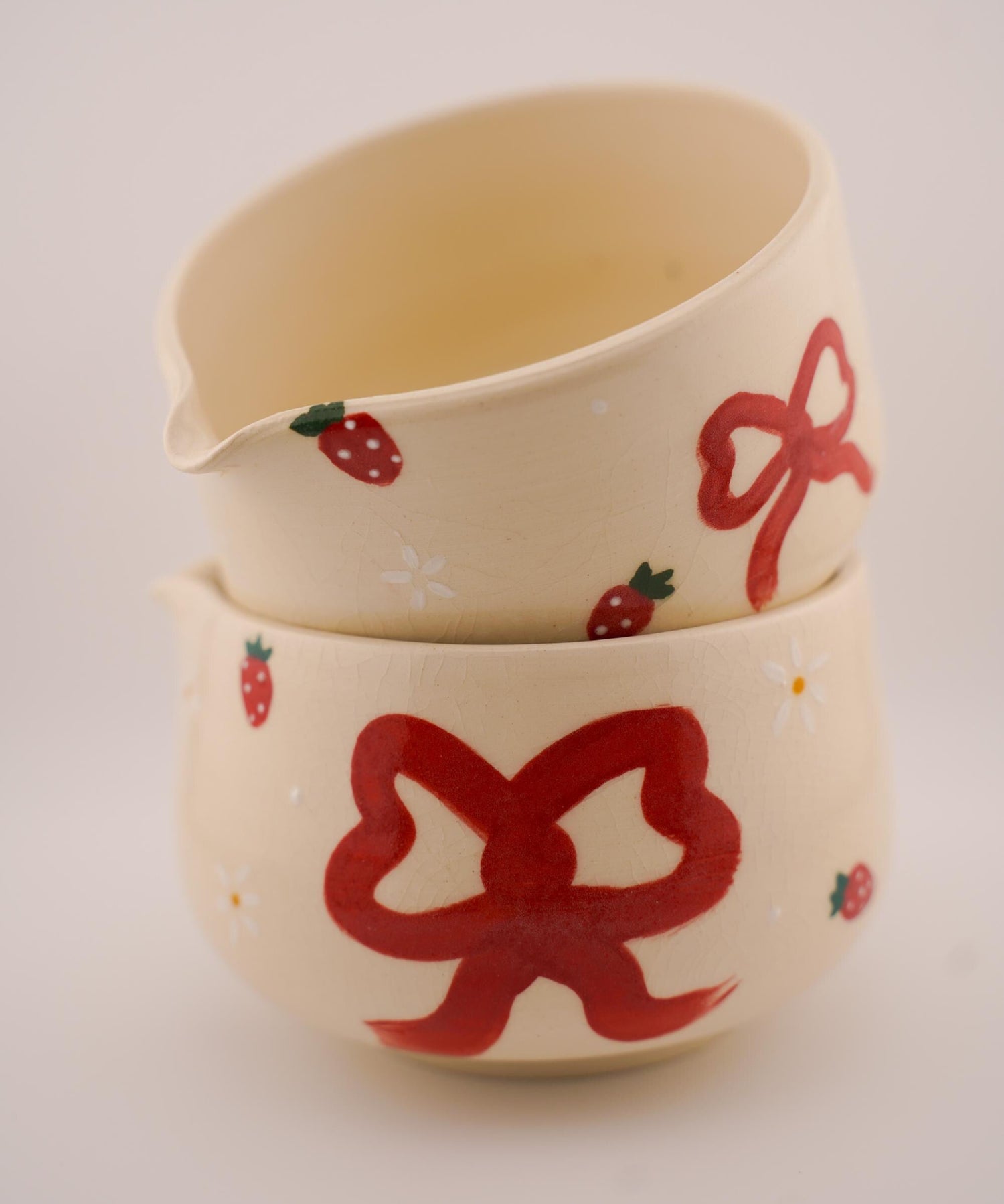 strawberry and bows matcha bowl with spout (handmade ceramics, handpainted, chawan, birthday gift)