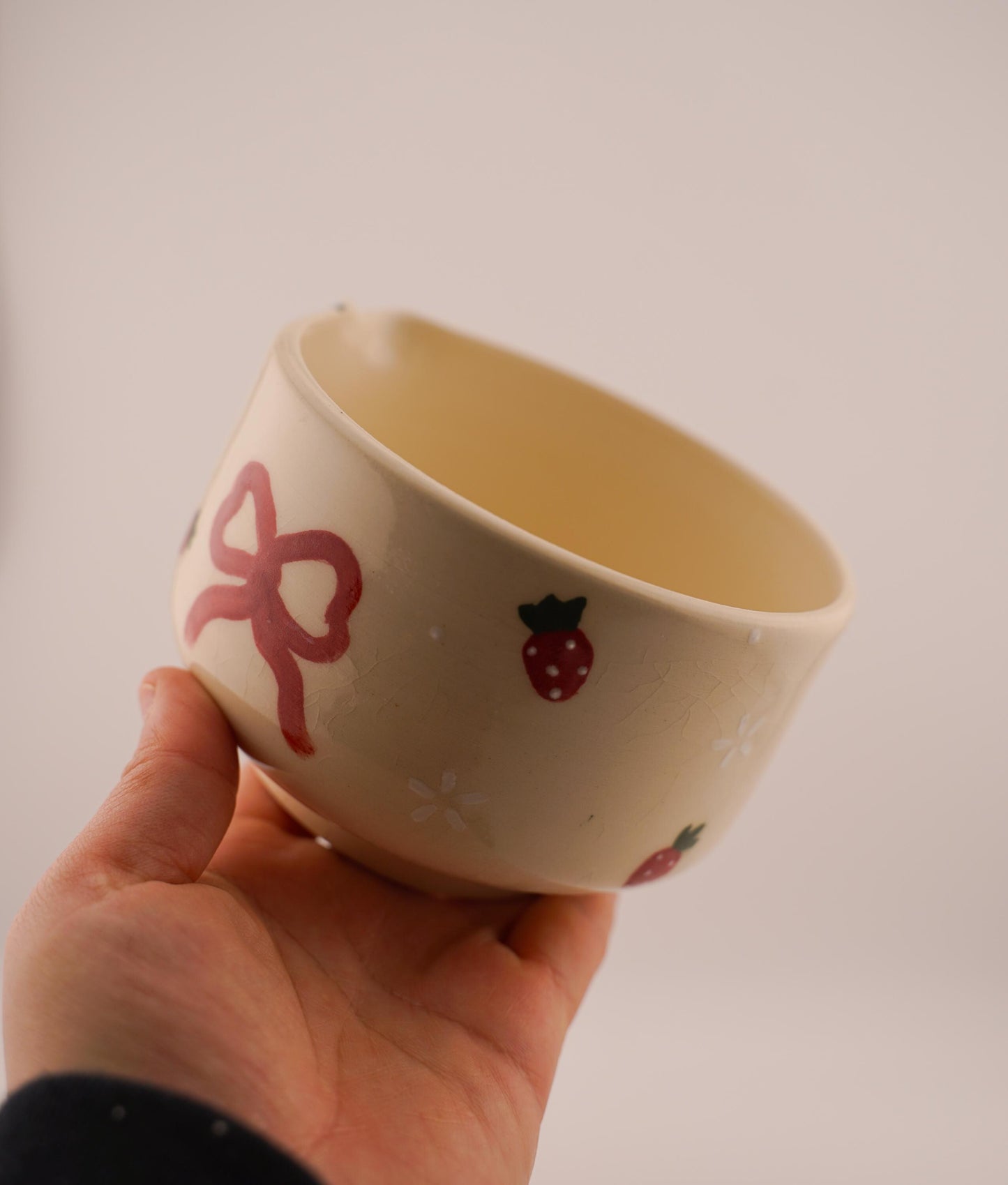 strawberry and bows matcha bowl with spout (handmade ceramics, handpainted, chawan, birthday gift)