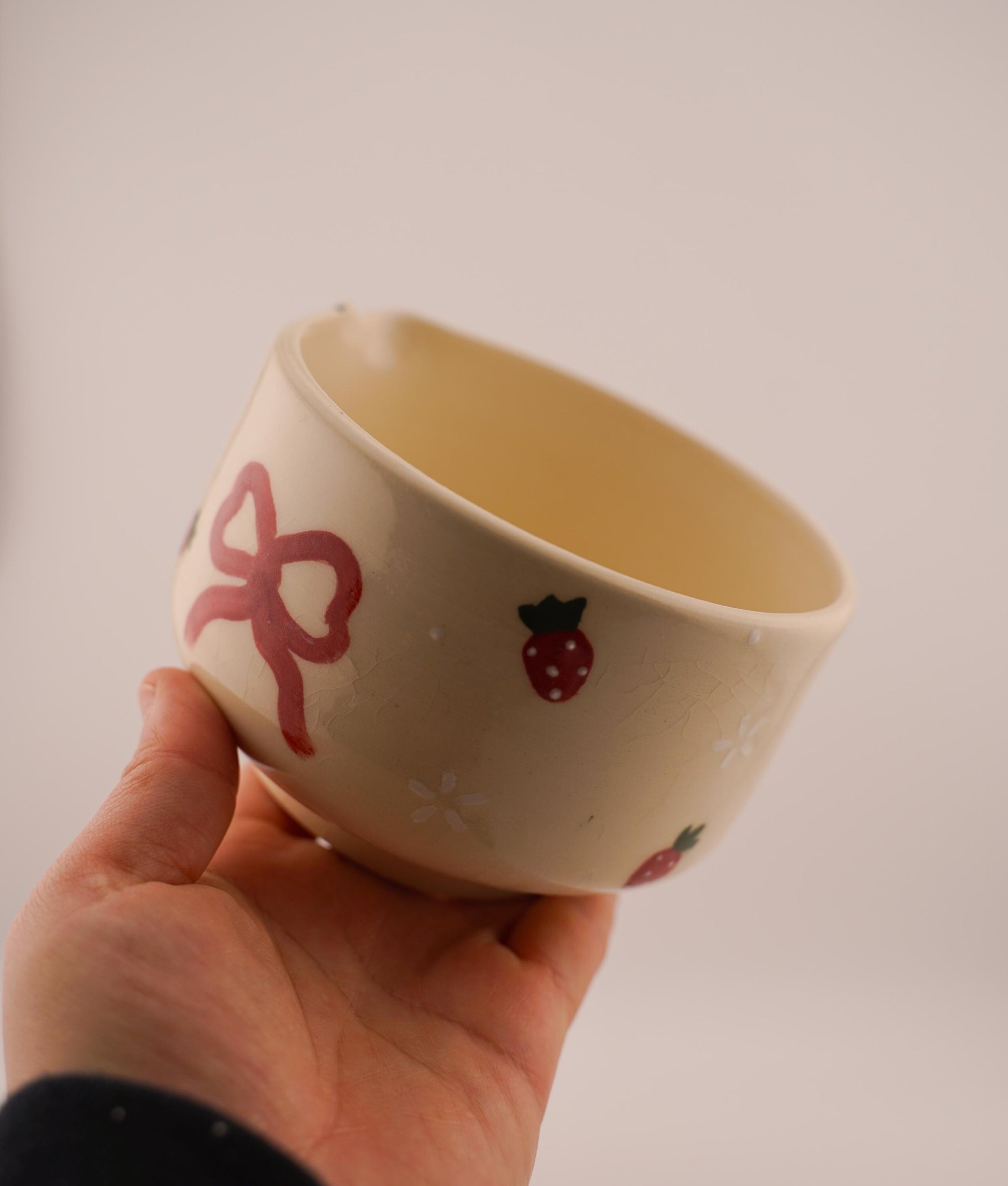 strawberry and bows matcha bowl with spout (handmade ceramics, handpainted, chawan, birthday gift)