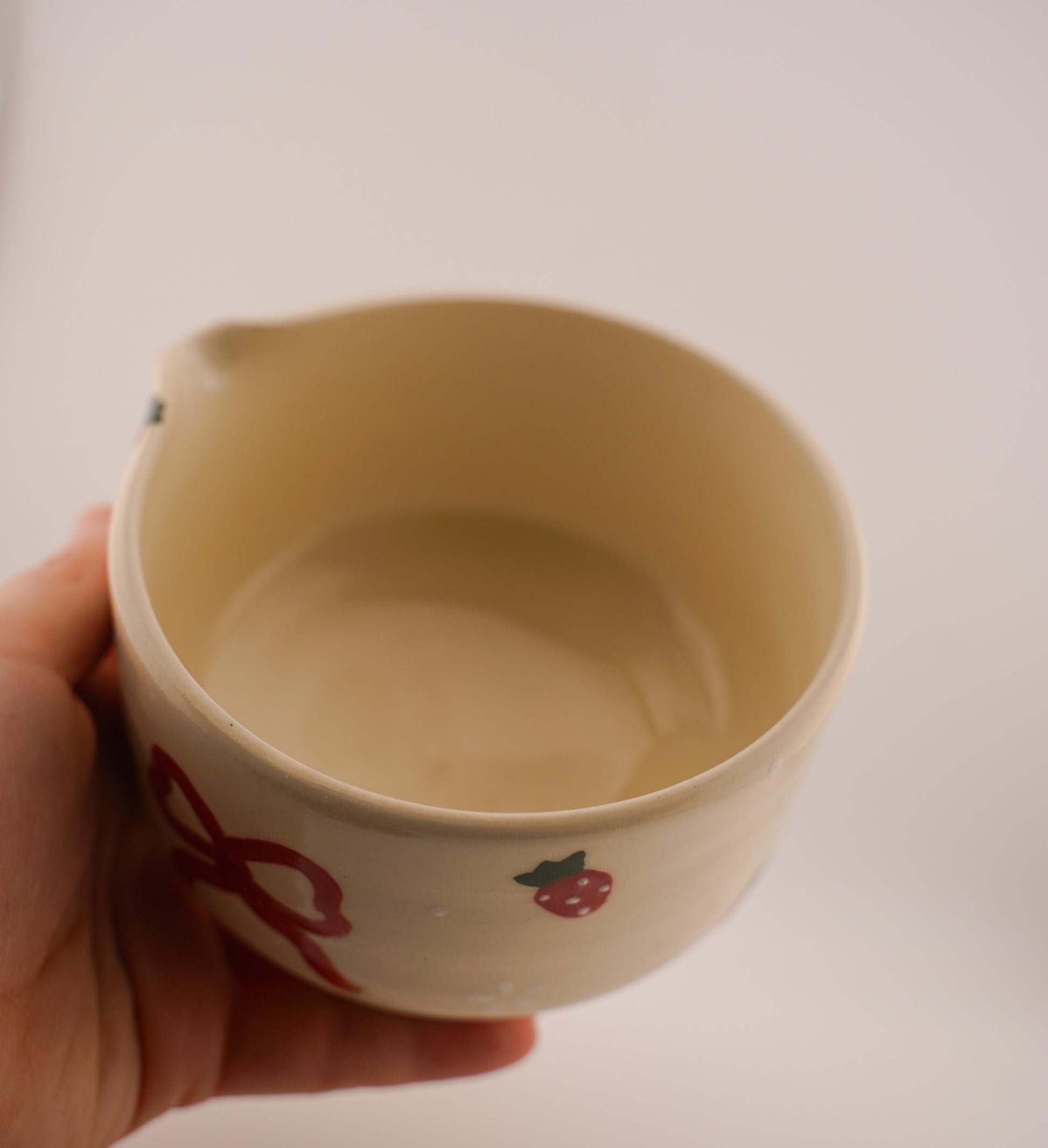 strawberry and bows matcha bowl with spout (handmade ceramics, handpainted, chawan, birthday gift)