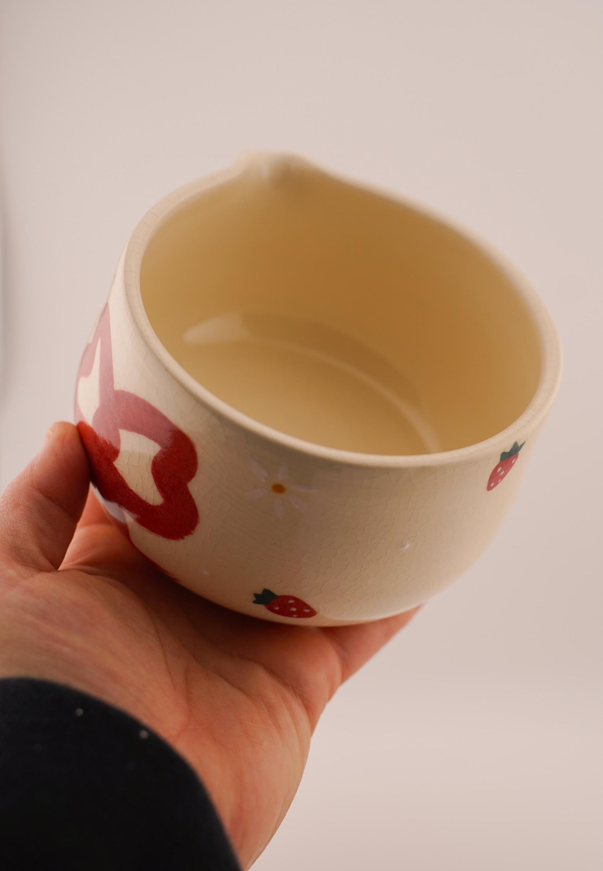 strawberry and bows matcha bowl with spout (handmade ceramics, handpainted, chawan, birthday gift)