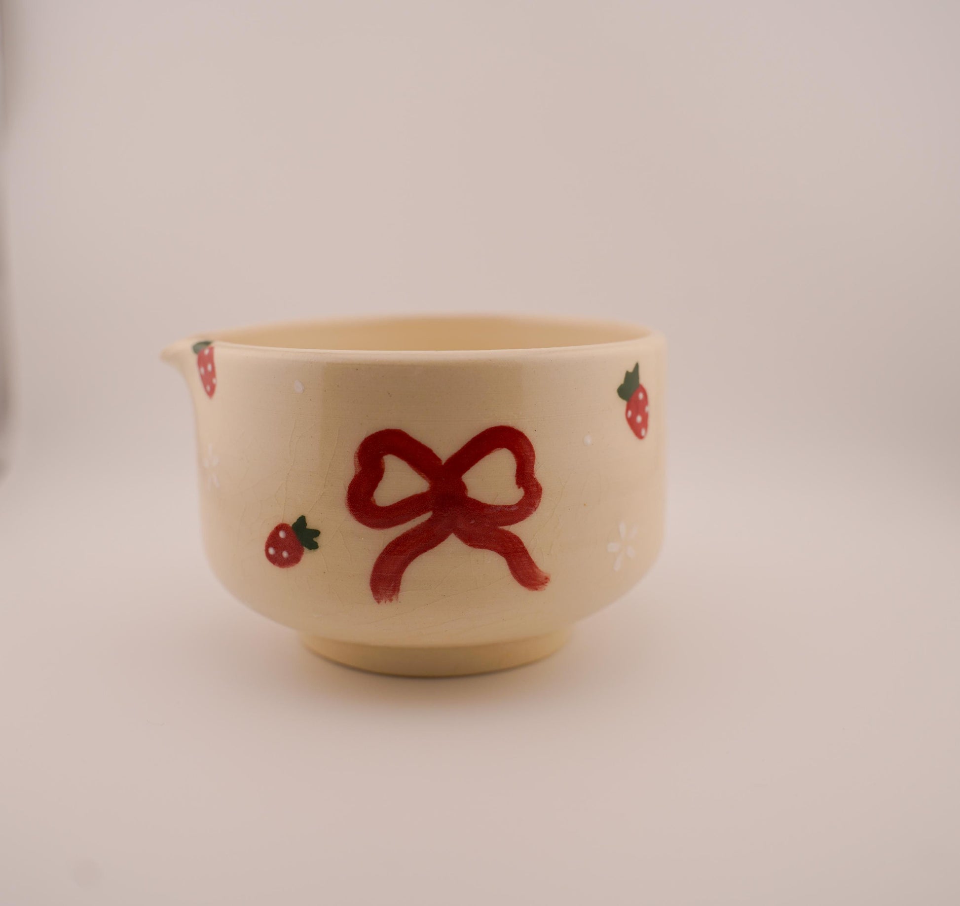 strawberry and bows matcha bowl with spout (handmade ceramics, handpainted, chawan, birthday gift)